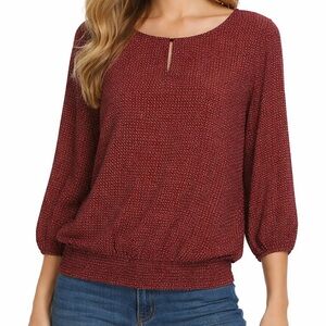 Ann Taylor Red Navy Blue Geometric Plaid Keyhole Elastic Hem Blouse Top XS